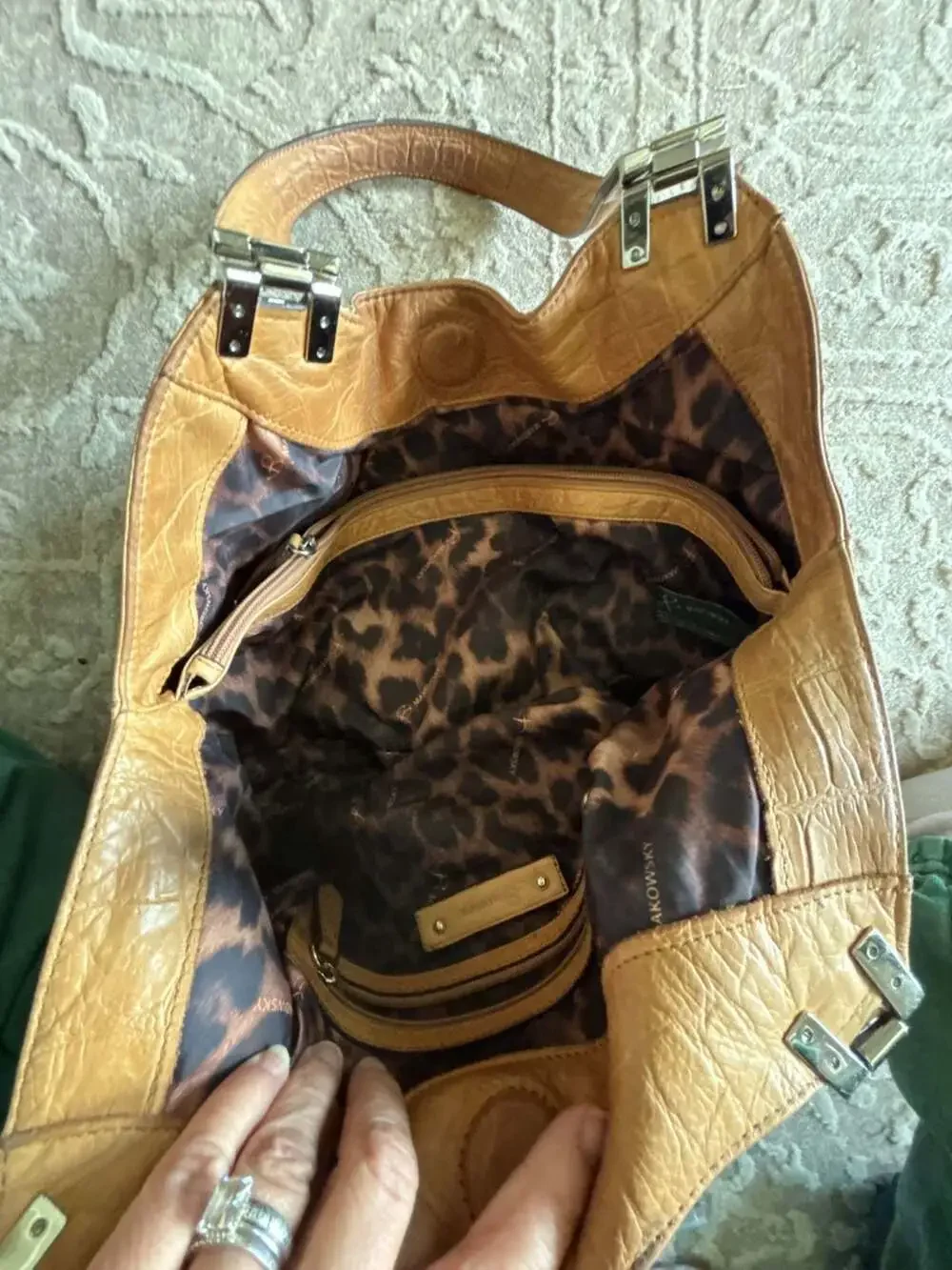 B. Makowsky Tan Croc-Embossed Leather Slouchy Hobo Shoulder Bag